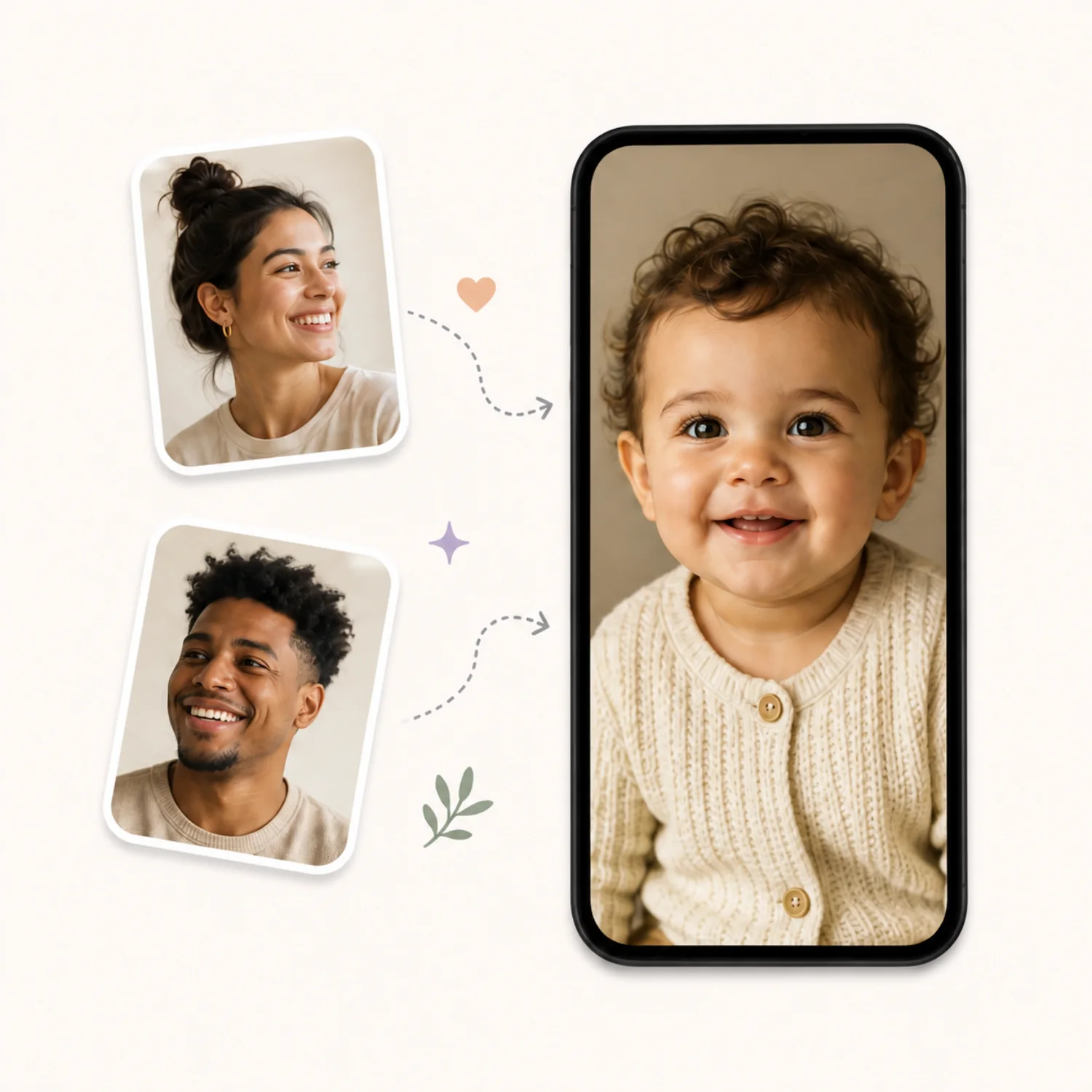 An editorial arrangement of two fictional adult portraits and a playful child portrait